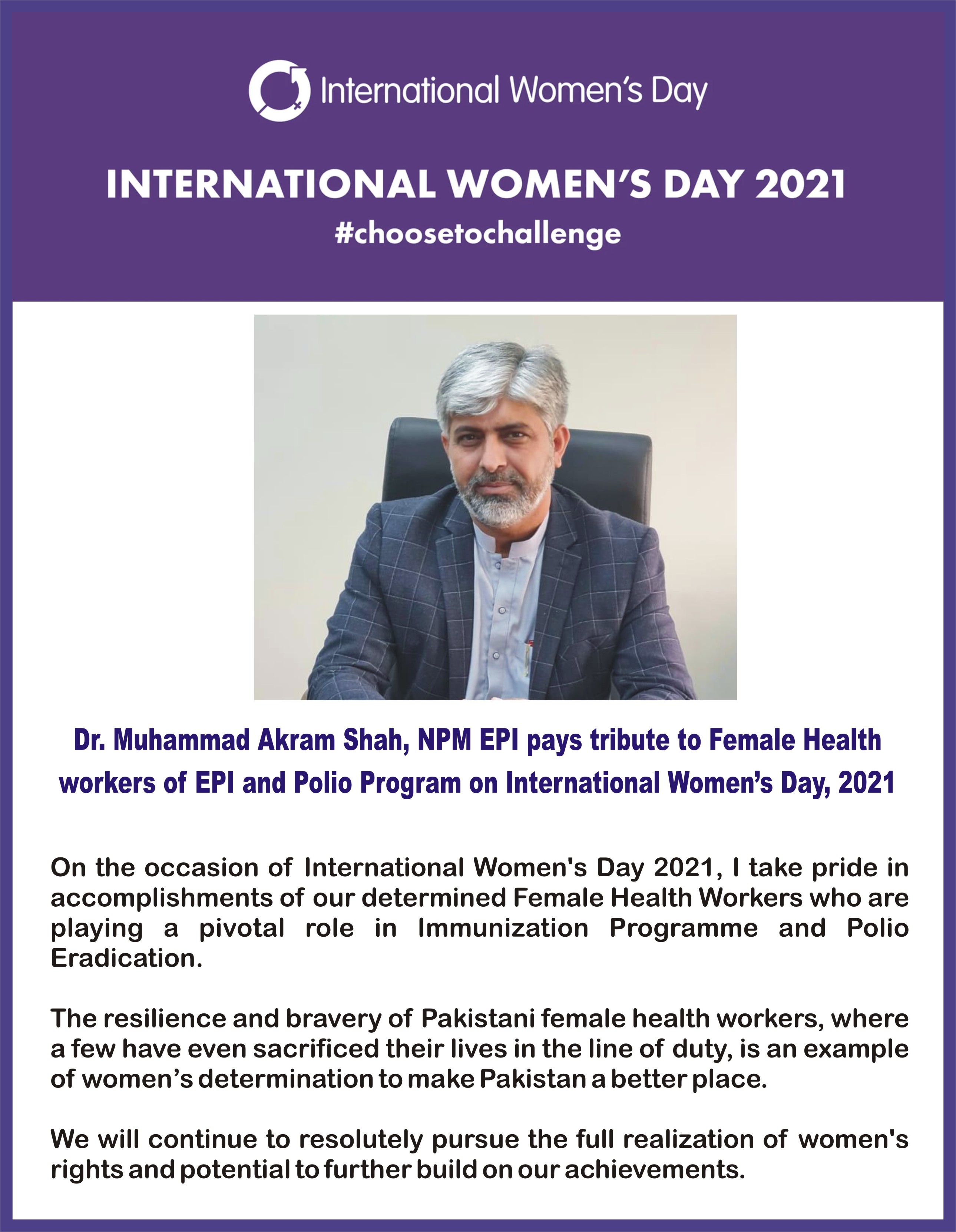 Dr. Muhammad Akram Shah, NPM EPI paid tribute to female health workers on International Women’s Day, 8th March 2021