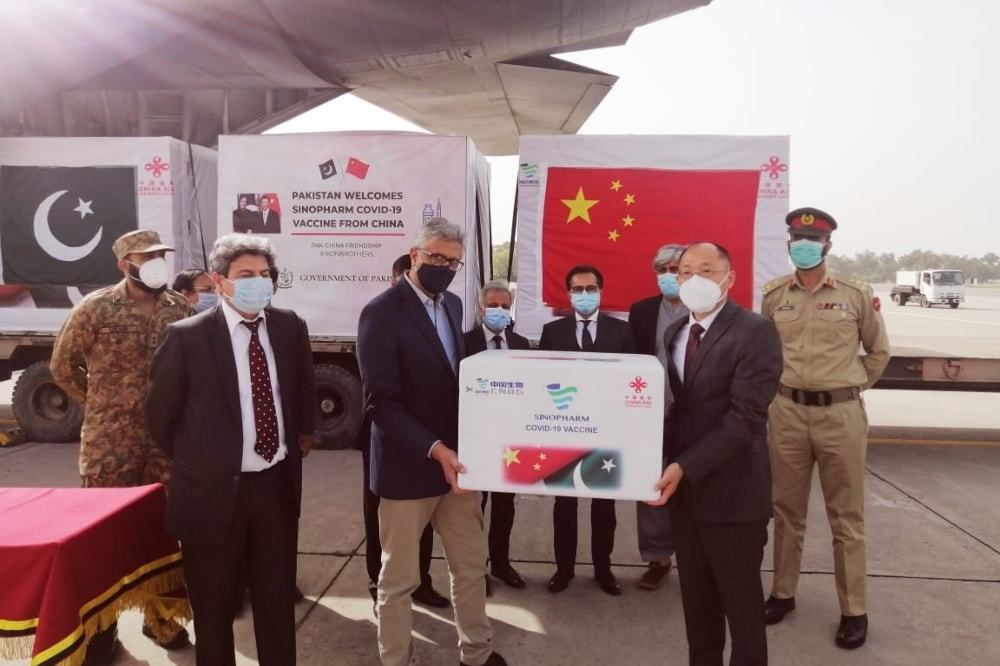 A gift of 500,000 doses of Sinopharm Covid-19 Vaccine from China Governemt on the eve of 70 years of Pak China friendship recieved by GoP delegation lead by Dr. Faisal Sultan SAPM, Health MoNHSR&C at the Noor Khan Airbase on 17.3.2021
